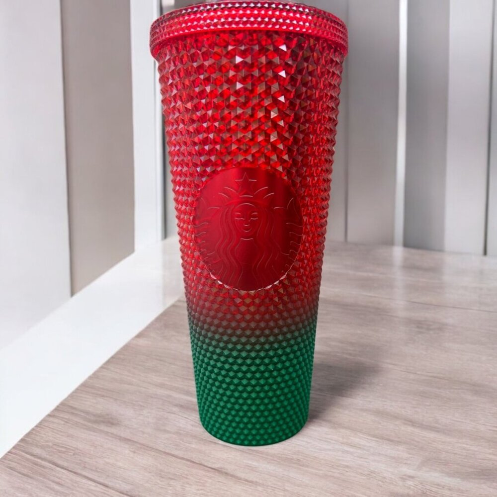 Disney Starbucks Red & Green Holiday Studded Cold Cup Tumbler 24 Oz Limited Edit